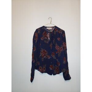 ASTR The Label Womens L Secretary Blouse Blue Floral Rayon V Neck Bow Business